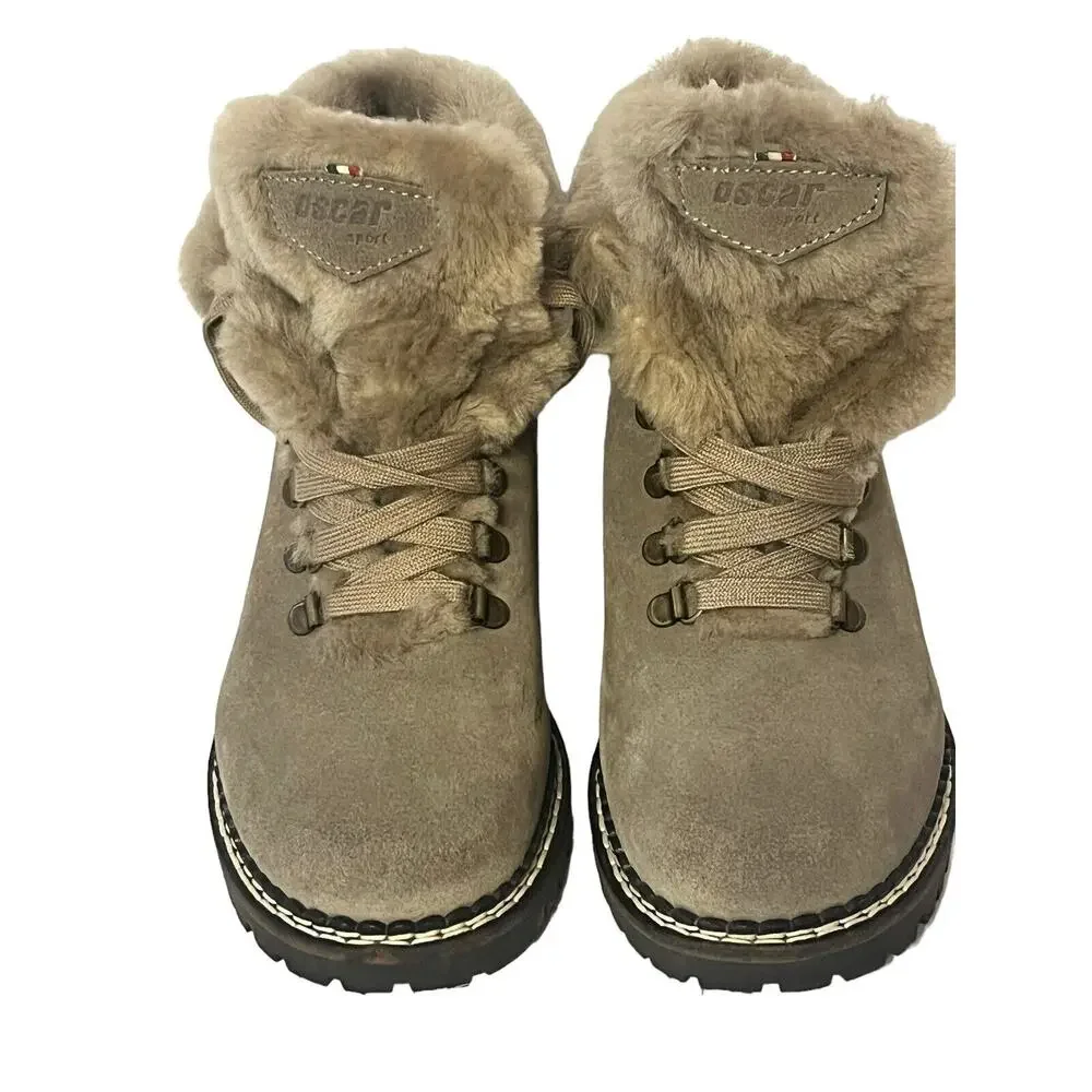 Oscar Sport Forest Fur Ankle Boots •Women 6 EU 36• Italy Lace Up EXC Taupe Tan
